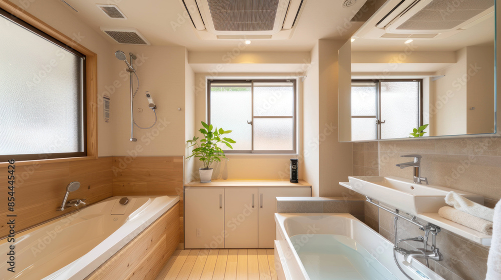 Modern Minimalist Bathroom with Ceiling-mounted Air Conditioner for Comfort and Style Modern Minimalist Bathroom with Ceiling-mounted Air Conditioner for Comfort and Style