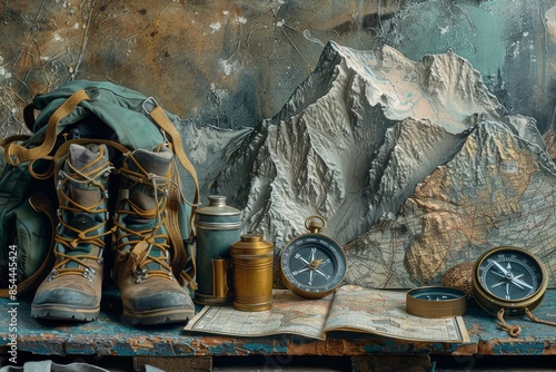 Wallpaper Mural International Mountain Day, with a model mountain, hiking gear, a map, and a compass, adventurous and inspiring atmosphere  Torontodigital.ca