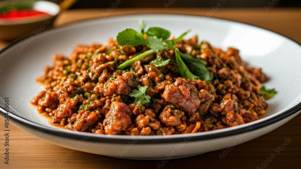 Deliciously seasoned meat and rice dish ready to be savored Deliciously seasoned meat and rice dish ready to be savored
