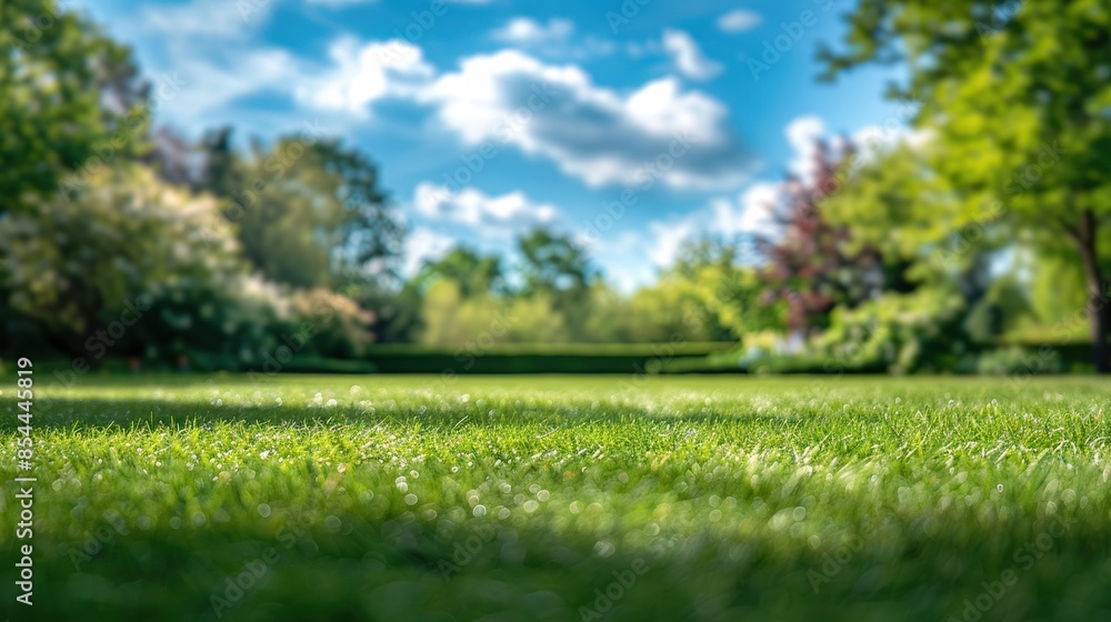 Beautiful background image of spring nature with a neatly trimmed lawn surrounded by trees against a blue sky with clouds on a bright sunny day Beautiful background image of spring nature with a neatly trimmed lawn surrounded by trees against a blue sky with clouds on a bright sunny day