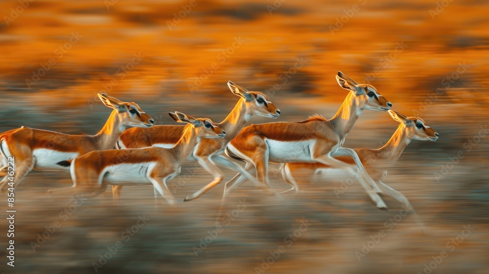 Fototapeta premium A group of antelope racing across the plains, Speed and agility across the plains