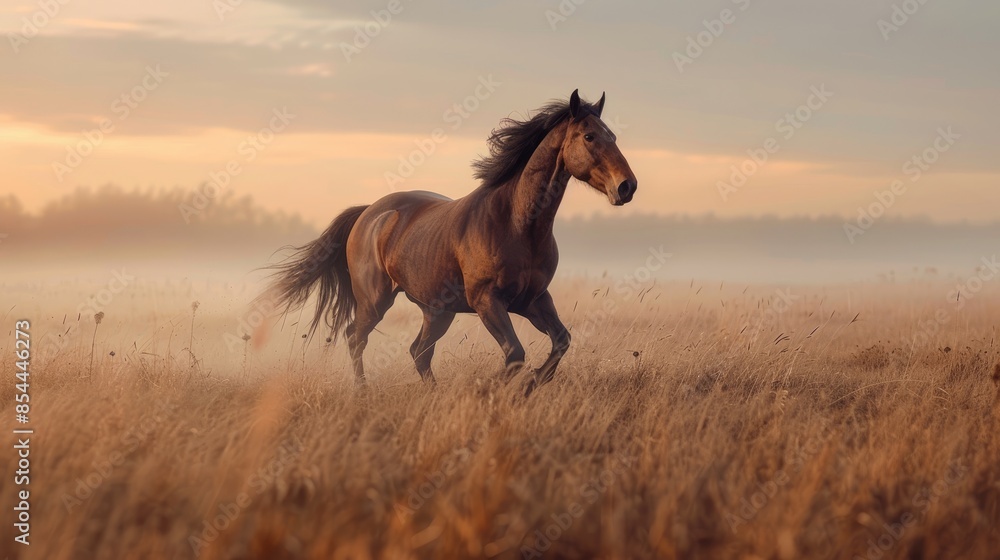 Fototapeta premium A horse galloping across an open field, Dynamic motion blur