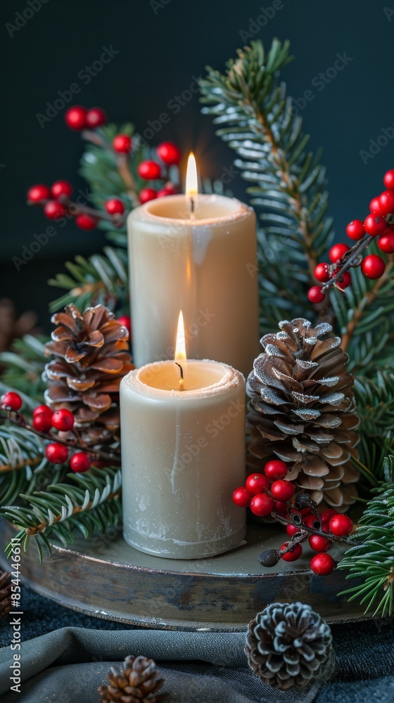 Winter Solstice, featuring candles, evergreen branches, pinecones, and winter berries, serene and seasonal setting Winter Solstice, featuring candles, evergreen branches, pinecones, and winter berries, serene and seasonal setting