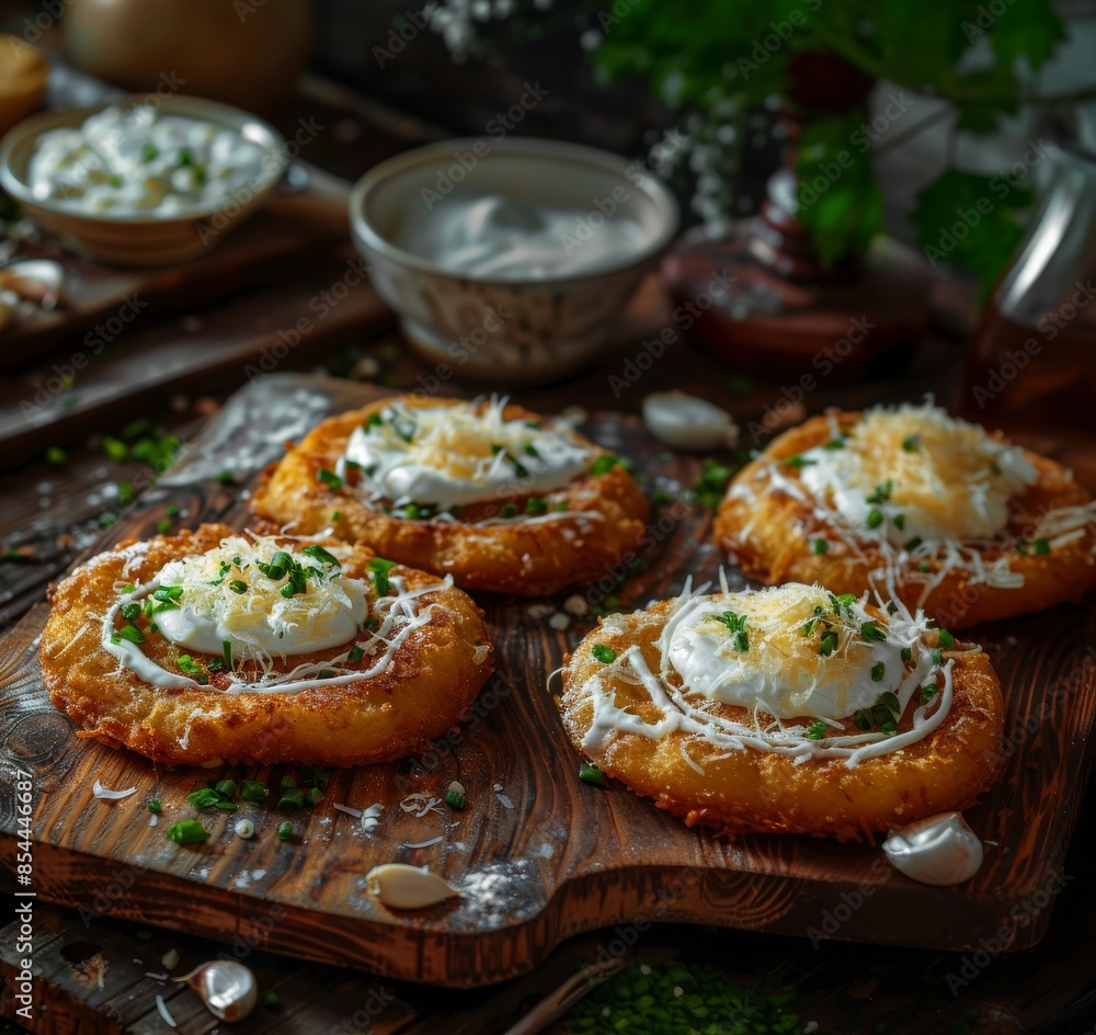 Traditional Hungarian dish of lángos, crispy fried dough topped with sour cream, grated cheese, and garlic, served on a rustic wooden board, detailed and appetizing Traditional Hungarian dish of lángos, crispy fried dough topped with sour cream, grated cheese, and garlic, served on a rustic wooden board, detailed and appetizing