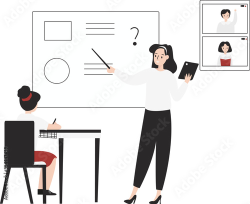 Hybrid learning (online and offline at same time) flat design illustration isolated in white background