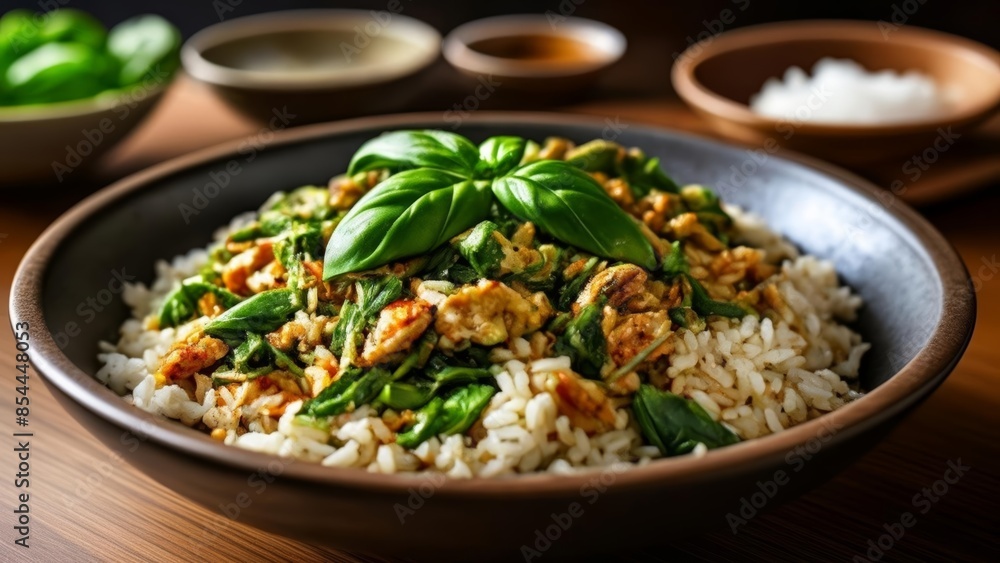 Deliciously seasoned rice dish with fresh herbs and vegetables Deliciously seasoned rice dish with fresh herbs and vegetables