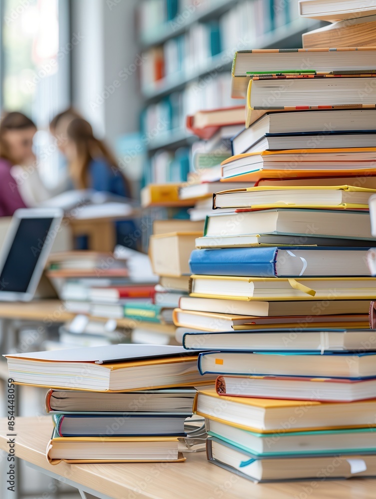 A tall stack of books on a table in a library with blurred individuals in the background, creating a focused academic atmosphere. A tall stack of books on a table in a library with blurred individuals in the background, creating a focused academic atmosphere.