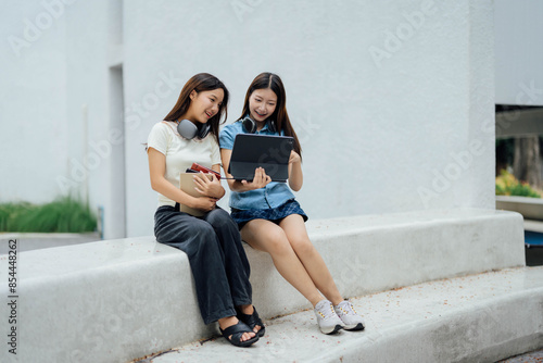 Two Smiling Students Sitting Outdoors, Sharing a Tablet and Books, Engaged in Learning and Technology © Parichat