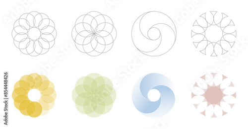 Multiple overlapping circles, petal-like structure, overlapping circles, rotation, radial pattern, circular icon, circular geometric designs.