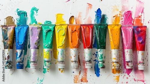 Tubes of various colorful paints, neatly aligned, with paint smudges around the openings, on a white canvas
