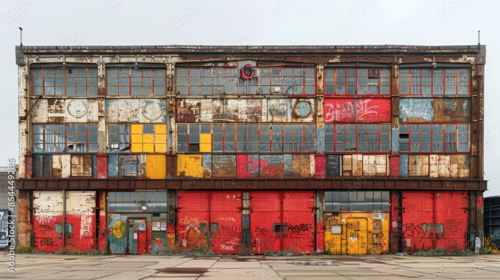 Obraz premium Urban graffiti art sprawls across an old warehouse exterior, featuring a mix of bold lettering and intricate illustrations that reflect the city's dynamic cultural tapestry. The artwork, a fusion of