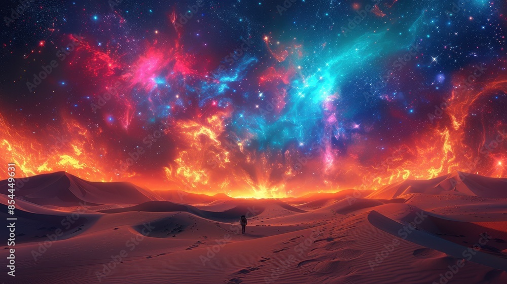 Color Inverted Sky A desert landscape unfolds under an inverted sky where galaxies and ...