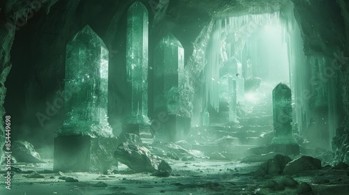 Deep within an ancient cave system, colossal crystals pulse with a soft, internal light that bathes the rough-hewn walls in a gentle, eerie glow. The air is thick with a hazy mist, revealing glimpses