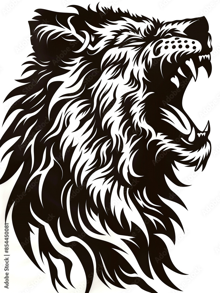 A lion with a mane of hair and a mouth open wide A lion with a mane of hair and a mouth open wide