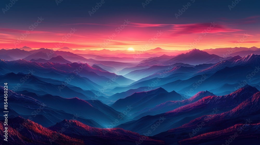 Obraz premium The silhouette of distant mountains stands stark against a sky ablaze with the warm colors of sunset. Shades of pink, orange, and purple blend harmoniously, creating a mesmerizing gradient across the