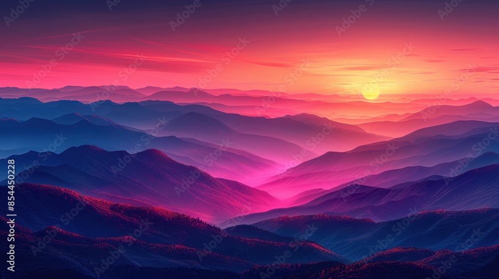 Fototapeta premium The silhouette of distant mountains stands stark against a sky ablaze with the warm colors of sunset. Shades of pink, orange, and purple blend harmoniously, creating a mesmerizing gradient across the