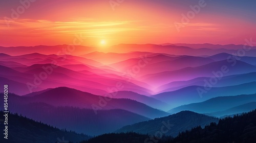 The silhouette of distant mountains stands stark against a sky ablaze with the warm colors of sunset. Shades of pink, orange, and purple blend harmoniously, creating a mesmerizing gradient across the