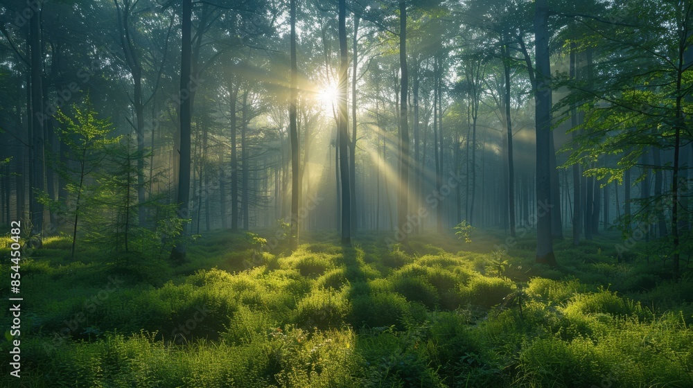 Naklejka premium At dawn, a mist-laden forest exudes a sense of quiet majesty and untouched wilderness. The air is crisp and filled with the scent of damp earth and pine. Shadows play upon the forest floor as