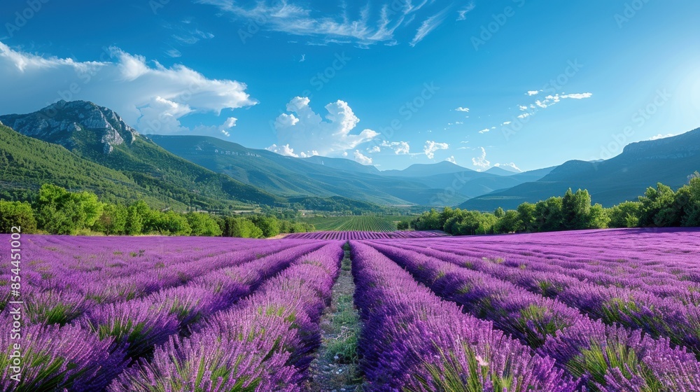 A vast expanse of blooming lavender fields in Provence, France, stretches to the horizon under a clear blue sky. The vibrant purple flowers create a stunning contrast against the greenery and distant A vast expanse of blooming lavender fields in Provence, France, stretches to the horizon under a clear blue sky. The vibrant purple flowers create a stunning contrast against the greenery and distant