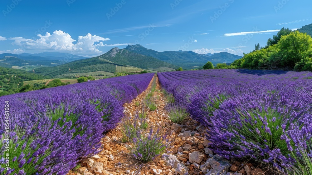 A vast expanse of blooming lavender fields in Provence, France, stretches to the horizon under a clear blue sky. The vibrant purple flowers create a stunning contrast against the greenery and distant A vast expanse of blooming lavender fields in Provence, France, stretches to the horizon under a clear blue sky. The vibrant purple flowers create a stunning contrast against the greenery and distant