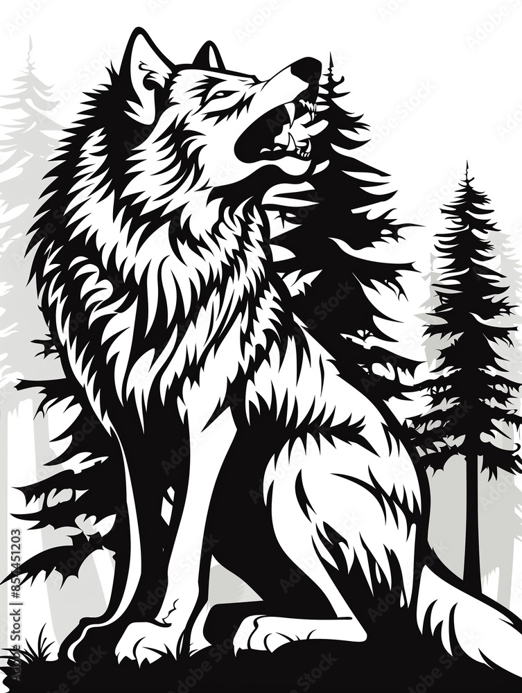 Obraz premium A wolf is sitting in a forest with trees behind it