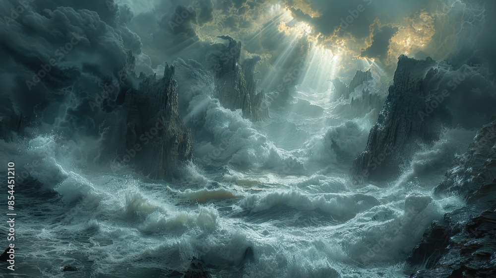Sunlight breaks through heavy clouds, illuminating a jagged coastline where waves surge against ancient rock formations. The dynamic clash of sea and stone creates a captivating spectacle of nature's