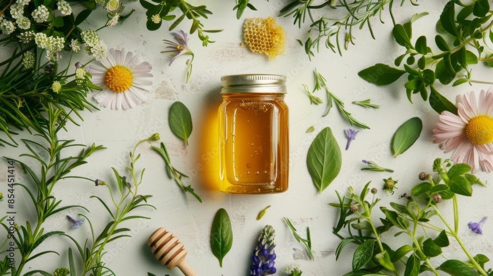 Jar of Honey Surrounded by Fresh Herbs and Flowers for Natural Food Marketing