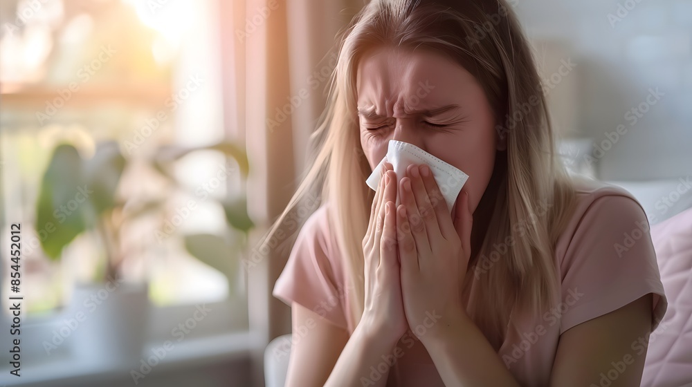 Woman Blowing Her Nose With a Tissue While Sitting on a Couch Woman Blowing Her Nose With a Tissue While Sitting on a Couch