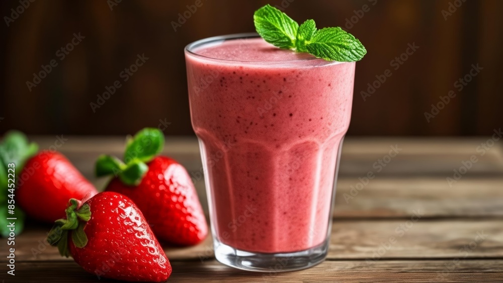 Freshly blended strawberry delight with a minty twist Freshly blended strawberry delight with a minty twist