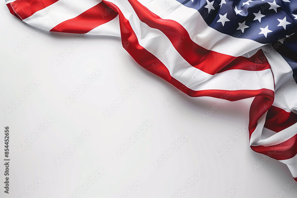 American wave flag on white background for American independence day celebration concept banner ,Waving American flag background with stripes and stars with visible fabric texture American wave flag on white background for American independence day celebration concept banner ,Waving American flag background with stripes and stars with visible fabric texture