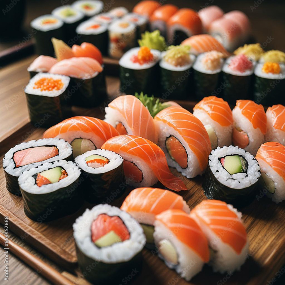 a tray of sushi with one that has sushi on it a tray of sushi with one that has sushi on it