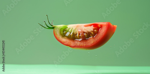 flying tomato slice on green background photo