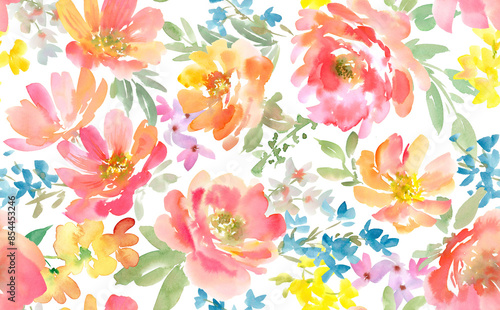 Fototapeta Naklejka Na Ścianę i Meble -  Watercolor Seamless Floral Pattern with Abstract Hand painted Red Peonies and Foliage on a transparent background. Spring and summer floral Textile Design for fabric and stationary. Floral wallpaper.