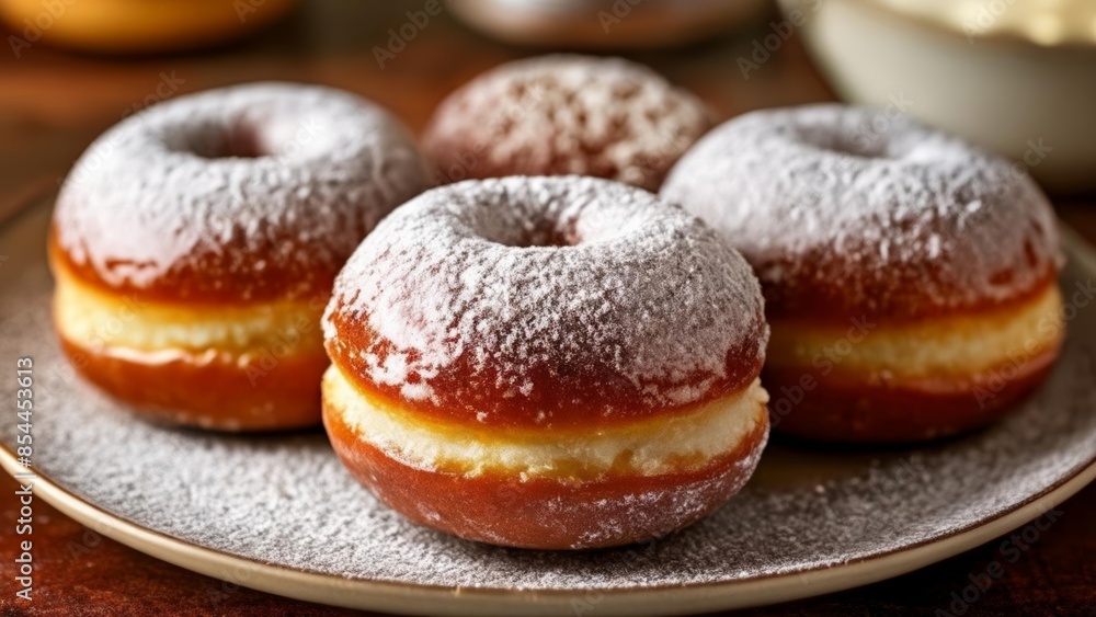 Deliciously dusted donuts ready to be savored Deliciously dusted donuts ready to be savored