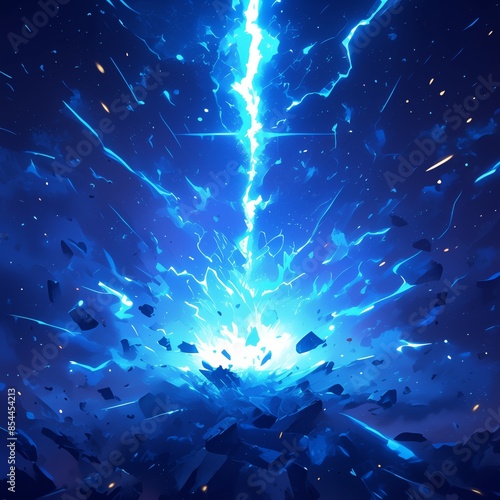 Blue lightning beam falls from the sky.