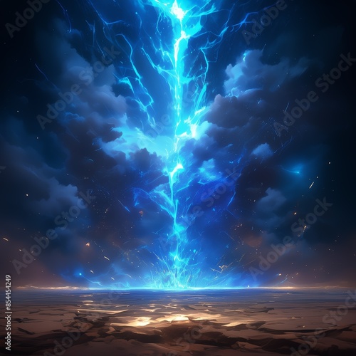 Blue lightning beam falls from the sky.