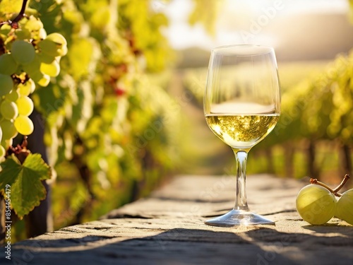 a glass of fine white wine against a backdrop of grapes and vineyard in the morning