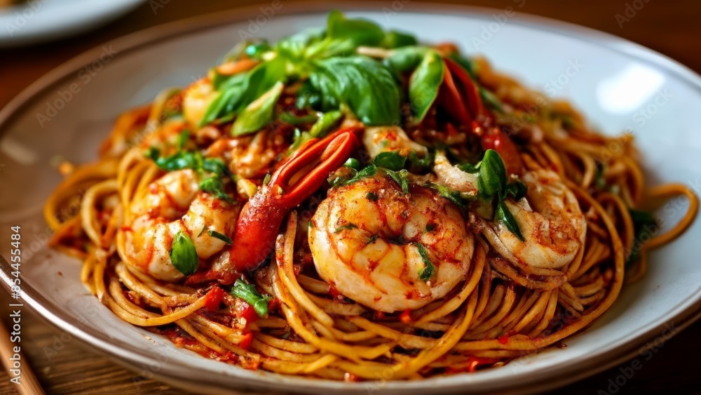 Delicious shrimp scampi with spaghetti ready to be savored Delicious shrimp scampi with spaghetti ready to be savored