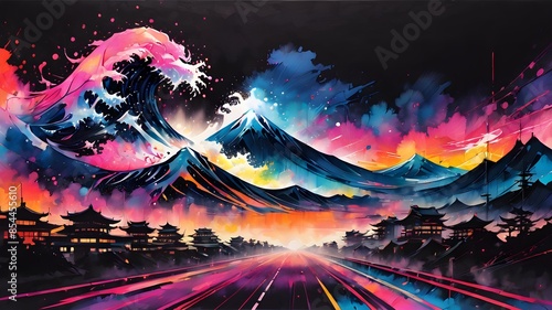 A painting of a wave with mountains in the background. The colors are bright and vibrant, giving the painting a sense of energy and movement. The wave appears to be crashing against the mountains