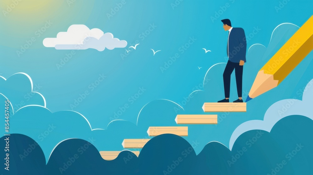 A man in a business suit climbs a pencil stairway towards the sky, symbolizing the path to success. A man in a business suit climbs a pencil stairway towards the sky, symbolizing the path to success.