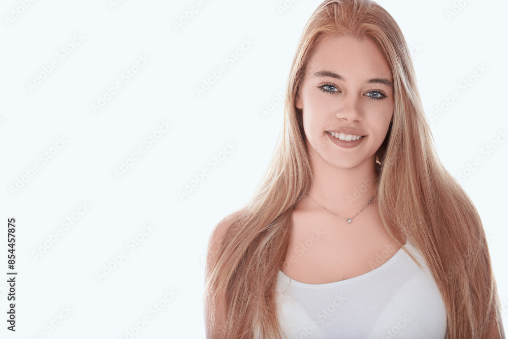 Beautiful blond woman with long hair smiling on white background Beautiful blond woman with long hair smiling on white background