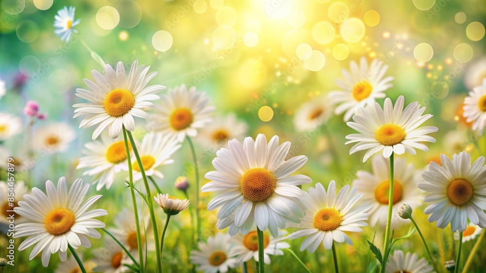 Fototapeta premium A daisy-themed abstract spring or summer floral background, highlighting cheerful blooms and a bright ambiance, ideal for festive text overlays.