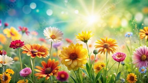 An abstract spring or summer floral background with sunlit blooms and vibrant colors, evoking a cheerful mood with clear space for text.