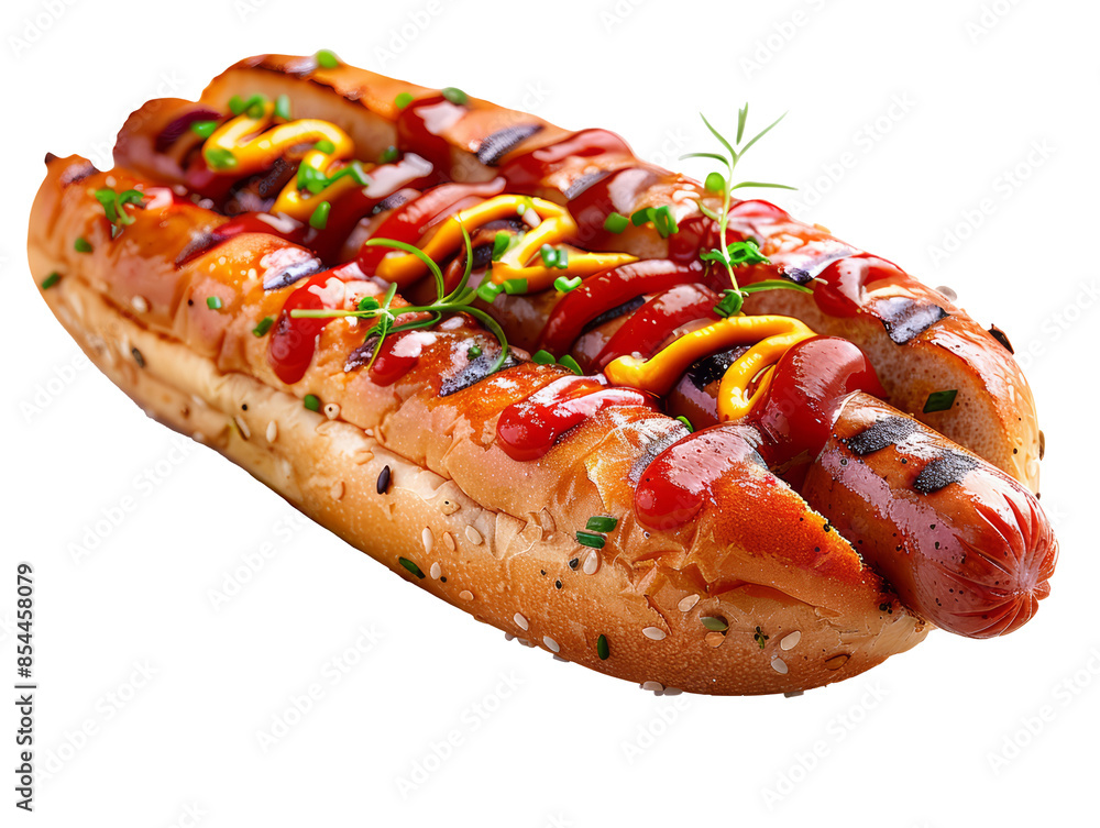 A delicious hot dog with mustard, ketchup and pickles isolated on transparent background A delicious hot dog with mustard, ketchup and pickles isolated on transparent background
