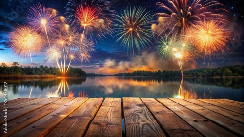 An empty wooden table with fireworks reflecting on a nearby body of water, with generous space for text. photo