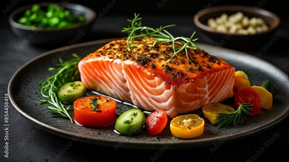 Deliciously grilled salmon with a vibrant vegetable medley Deliciously grilled salmon with a vibrant vegetable medley