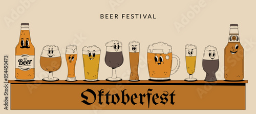 Oktoberfest Bavaria Beer Festival celebration. Banner with retro groovy beer character. Celebrated in October in Germany. Vector illustration
