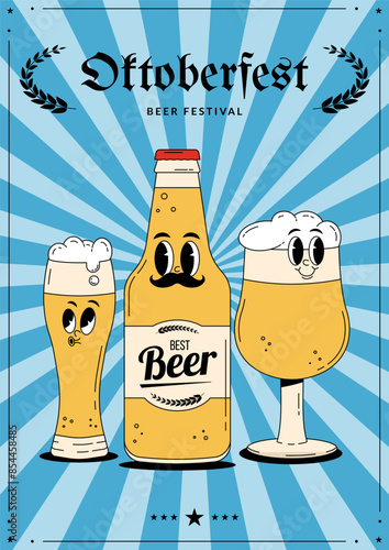 Oktoberfest Bavaria Beer Festival celebration. Poster or flyer with retro groovy beer glass and bottle characters. Vector illustration with cute alcohol drink and beverage mascot