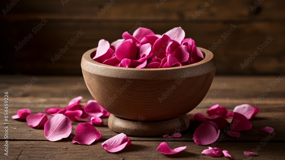 Elegance in simplicity A bouquet of pink petals in a wooden bowl Elegance in simplicity A bouquet of pink petals in a wooden bowl