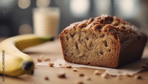 view of aesthetic Close up on banana bread with banana slices on top